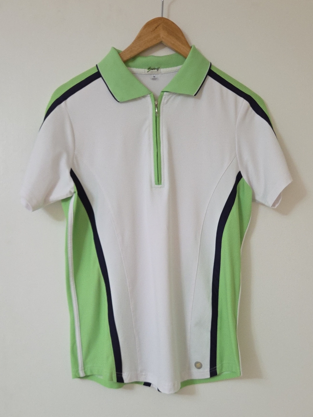 White & Lime Short-Sleeve Zip Polo Top
